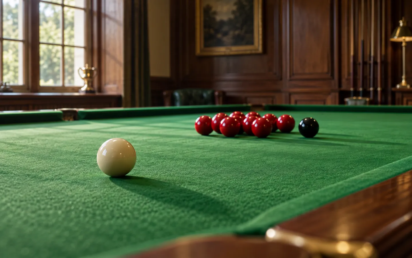 A snooker table in warm window light, with a white cue ball in the foreground and a cluster of red balls and one black further up the green cloth